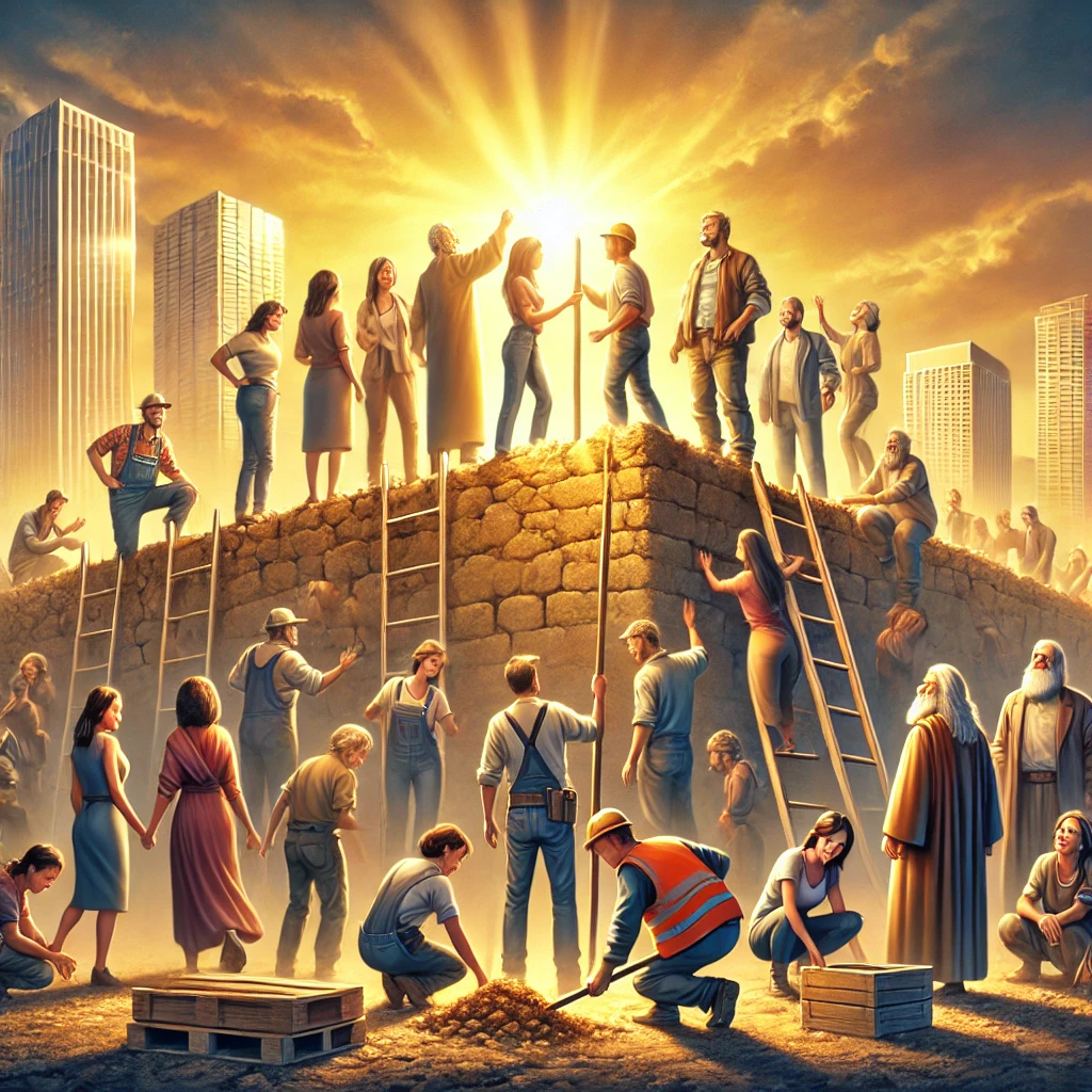 Cartoon van diverse individuen die samen een stevig fundament bouwen, symbool voor een op Bijbelse waarden gebaseerde samenleving.