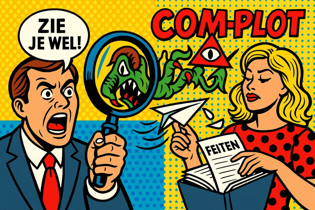 Popart cartoon van mensen die bewijs verkeerd interpreteren door een loep.