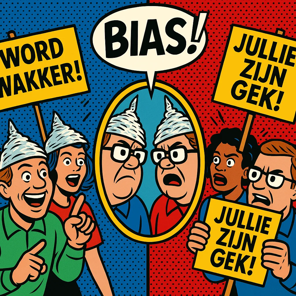 Popart cartoon van complotgelovigen en sceptici die in een spiegel zichzelf herkennen.