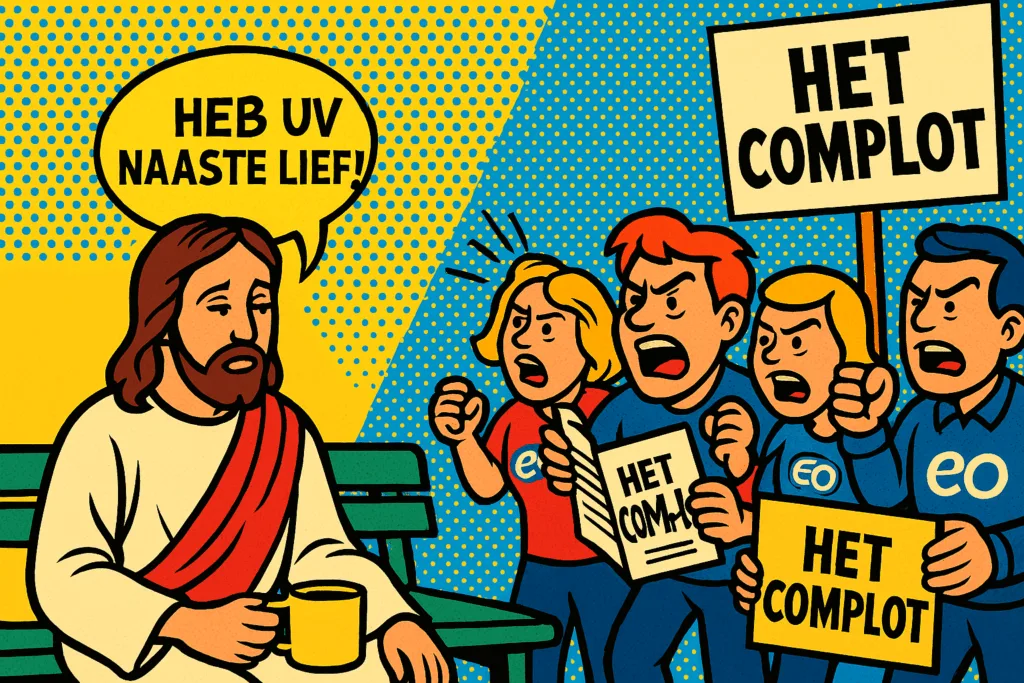 Popart cartoon van Jezus die toekijkt terwijl mensen ruziën over complotten.