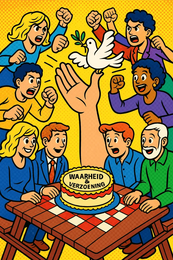 Popart cartoon van twee strijdende groepen die samen aan een picknicktafel worden gezet.