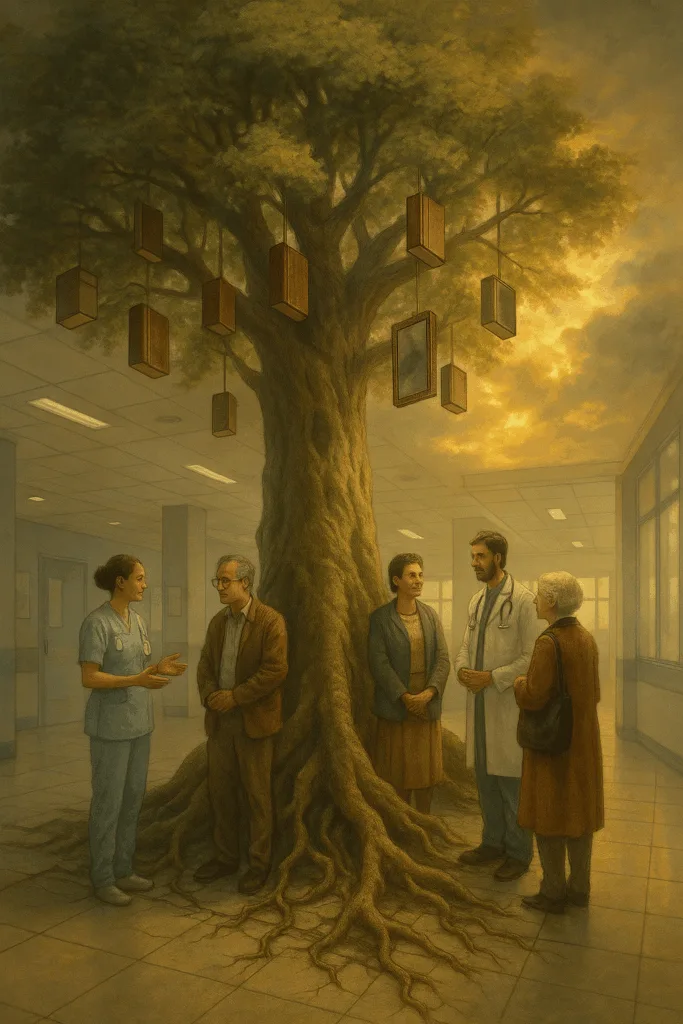 Symbolische boom van kennis in de zorg, met mensen die samen reflecteren onder haar takken.