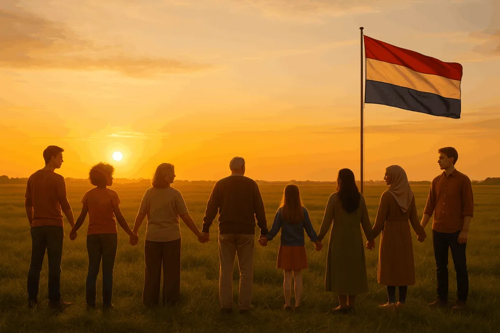 Groep diverse mensen hand in hand bij zonsondergang met de Nederlandse vlag op de achtergrond, als symbool van hoop en herstelde gemeenschappelijke waarden.